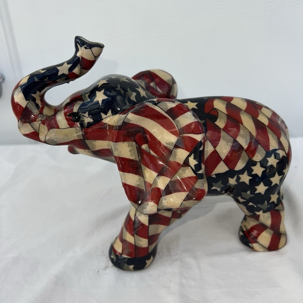 Vintage La Vie American Flag Patchwork Porcelain Elephant Figurine Patriotic GOP